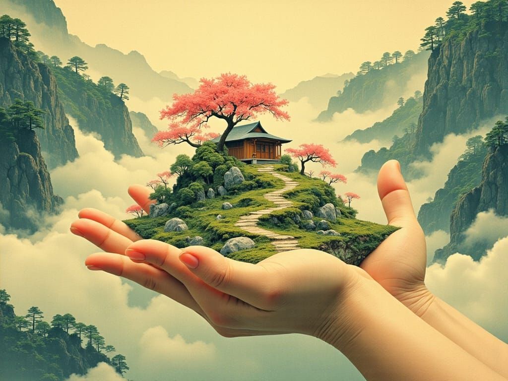 Tiny Japanese Landscape in Giant Hands, Swirling Pink and Gr...