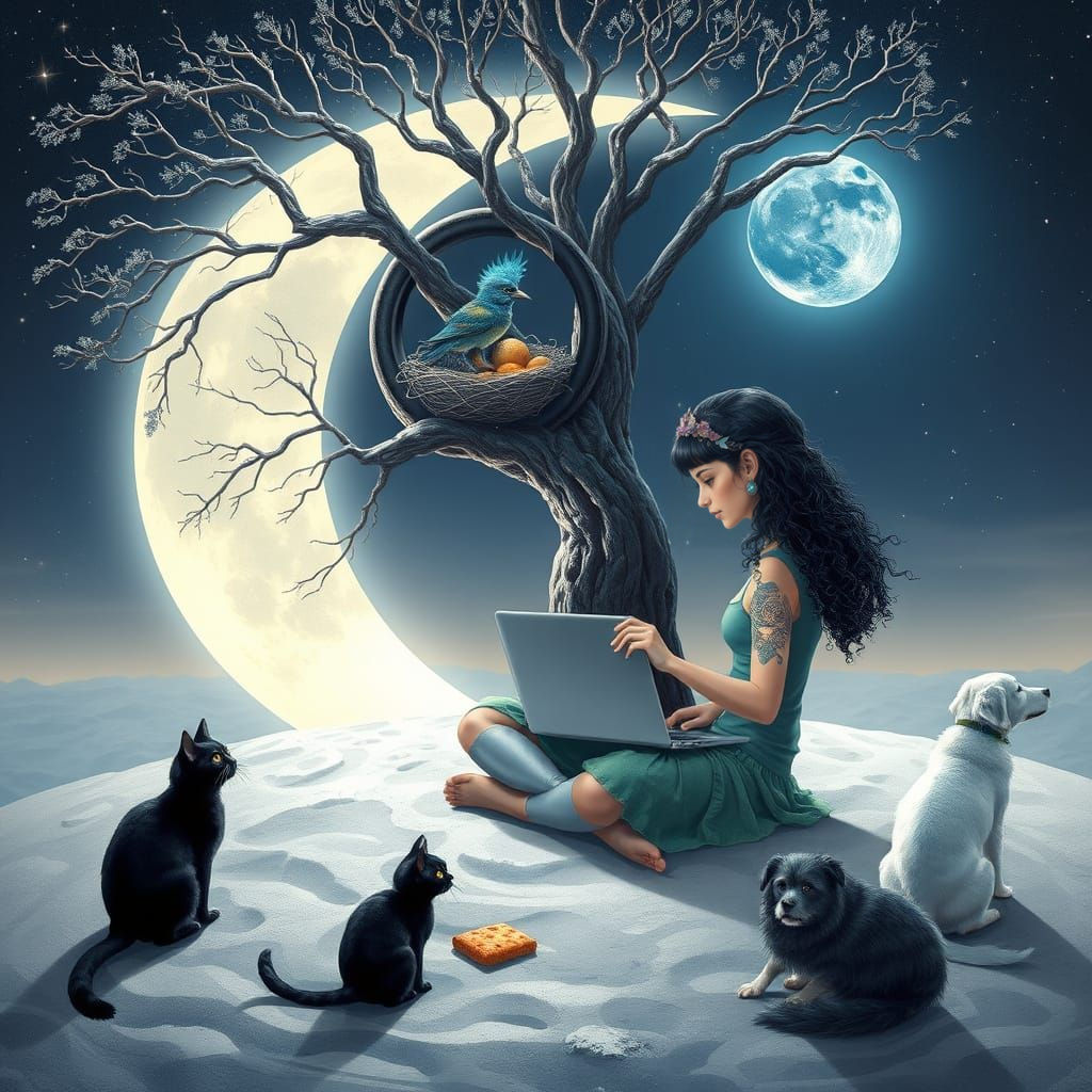 Girl with Mermaid Bird Friends on Lunar Landscape