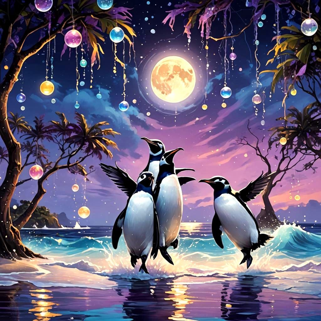 Penguin Dance on Moonlit Beach in Fantasy Art Style