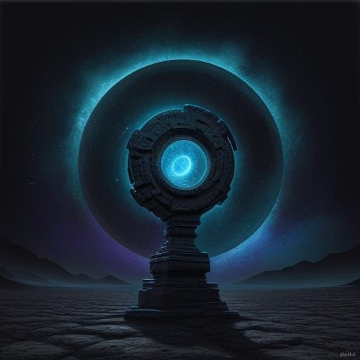 Mysterious Rune Stone in Surreal Desert Nebula