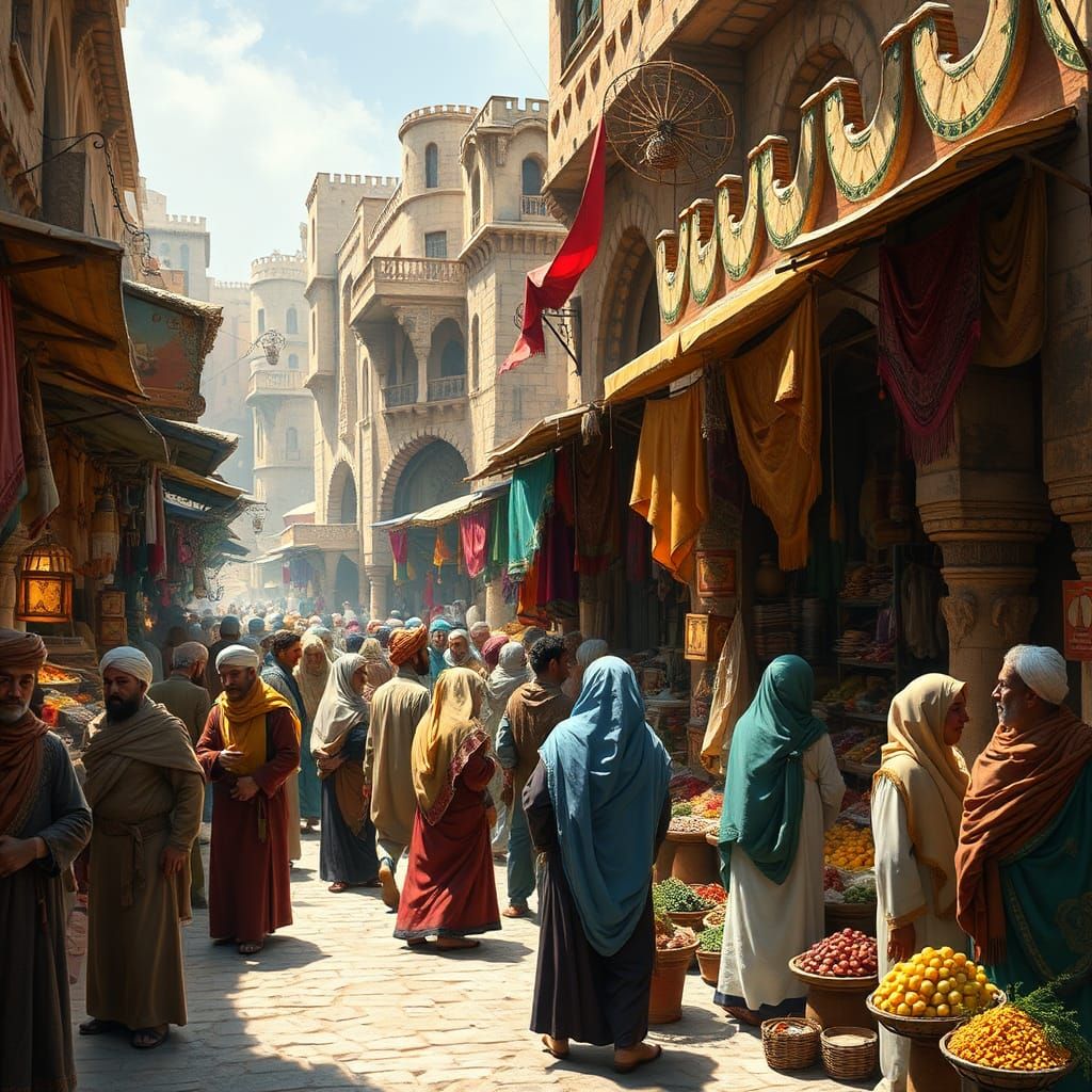 Medieval Middle Eastern Market Scene with Exotic Flair