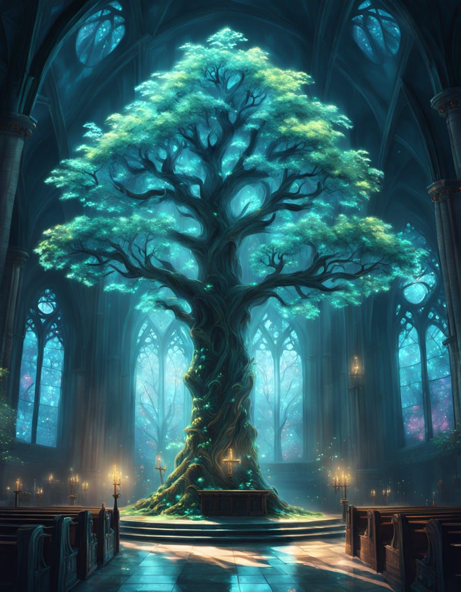 Ancient Bioluminescent Tree in Ethereal Church