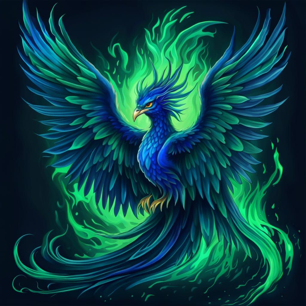Blue Phoenix Ablaze with Green Flames