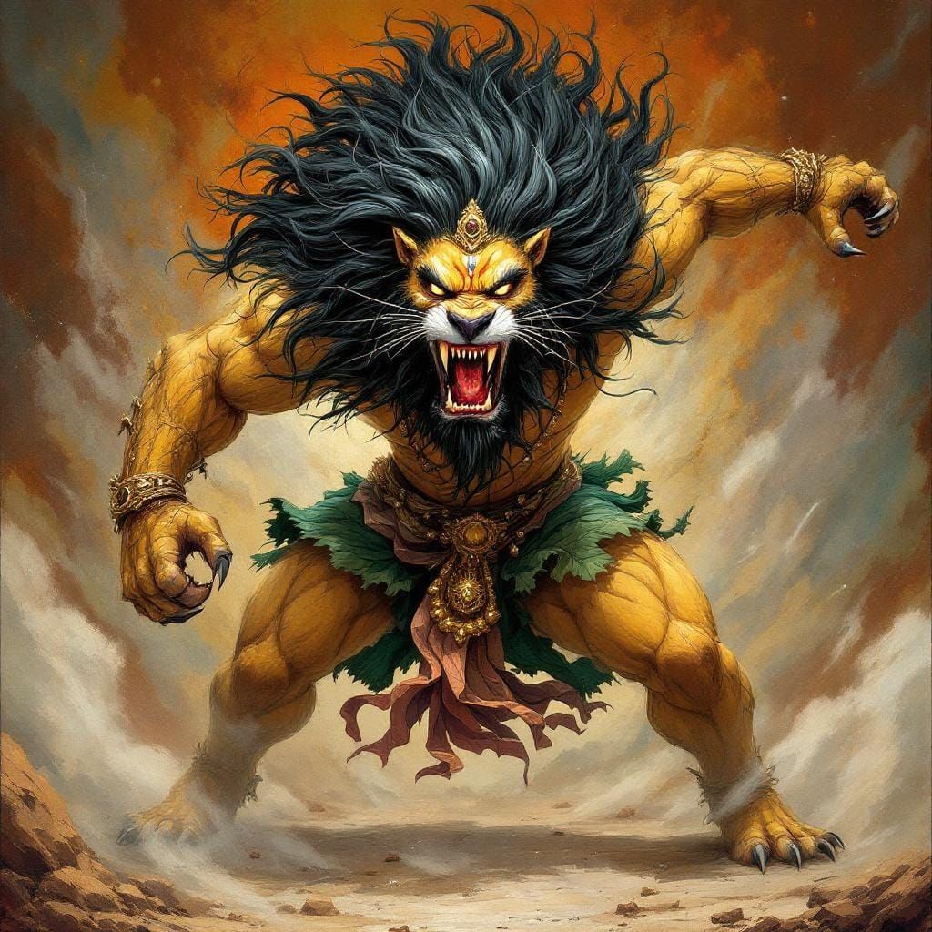 Furious Narasimha Avatar in Vibrant Indian Art Style