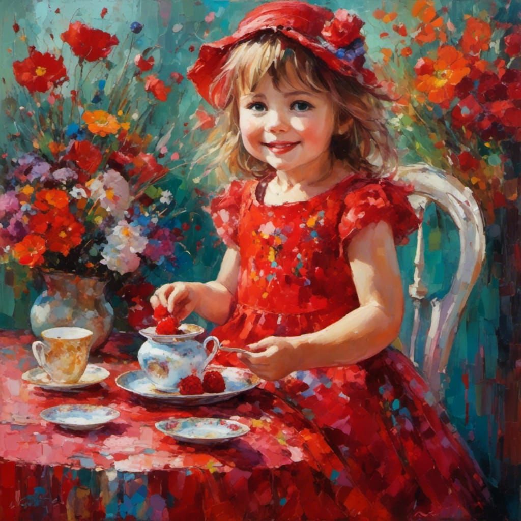 Toddler's Valentine Tea Party: Neo-Impressionist Oil Paintin...