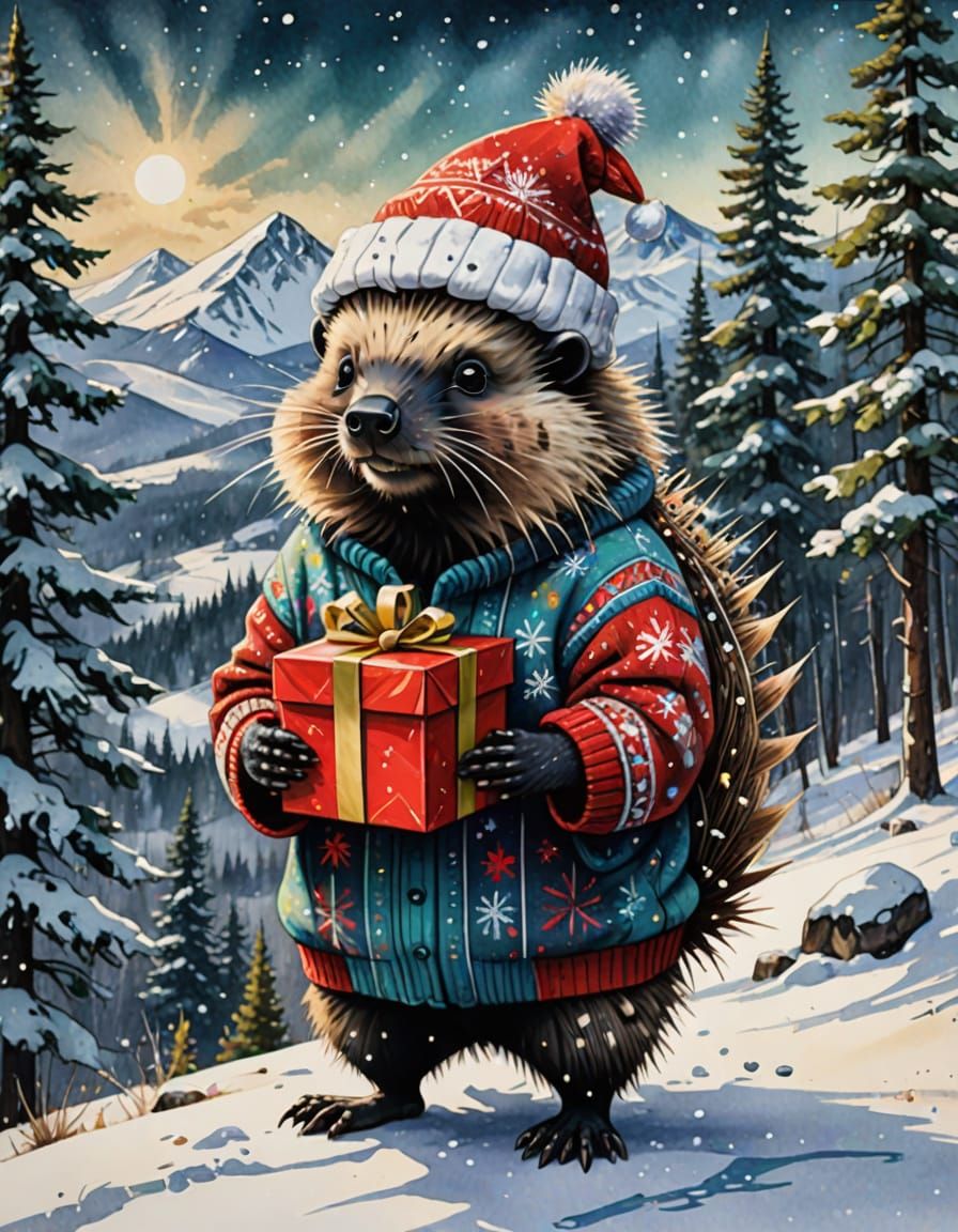 Cute Porcupine in Snowy Wonderland with Gift