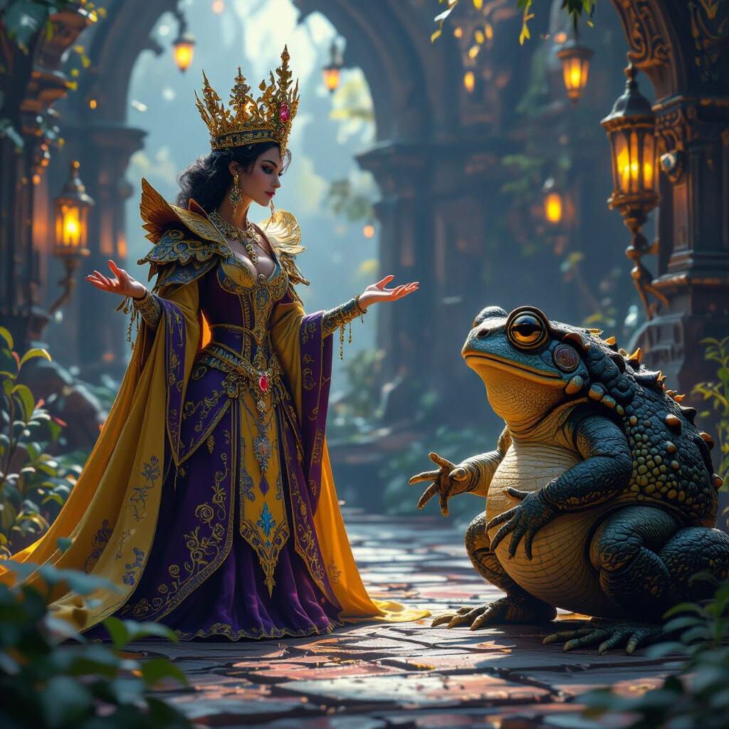 Queen Commands Toad General in Dark Fantasy Style
