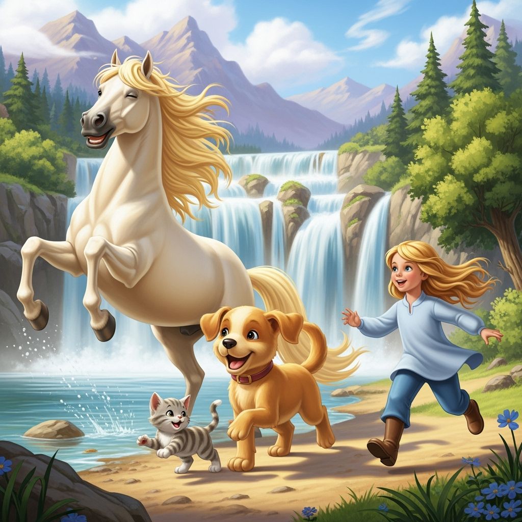 Golden Horse Greets Friends by Tiered Waterfalls