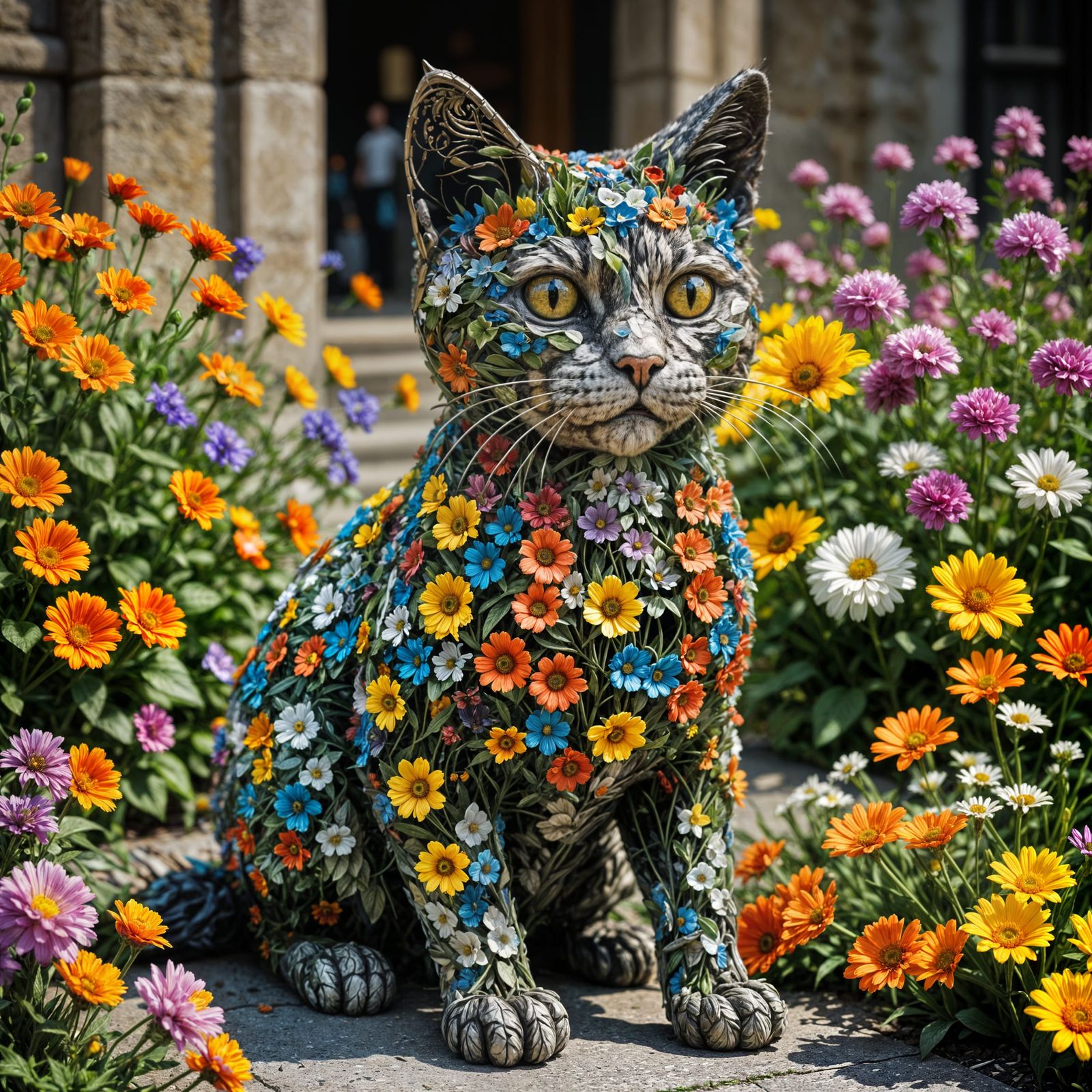 Hyperrealistic Flower Cat Sculpture in HDR