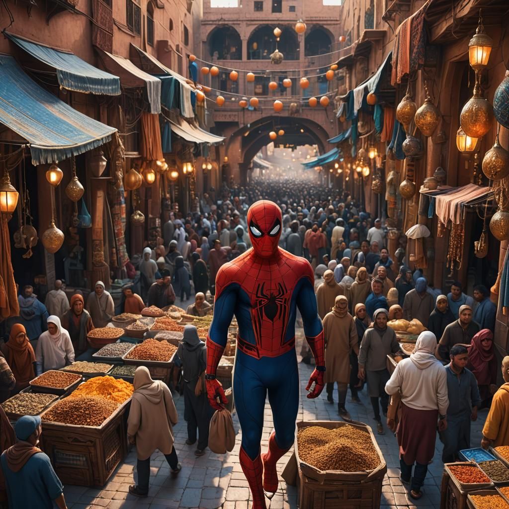 Spider-Man in Marrakech Souk: Detailed Matte Painting