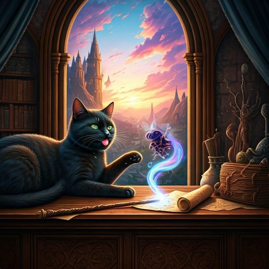 Mystical Feline Sorcerer Unfolds in Medieval Castle