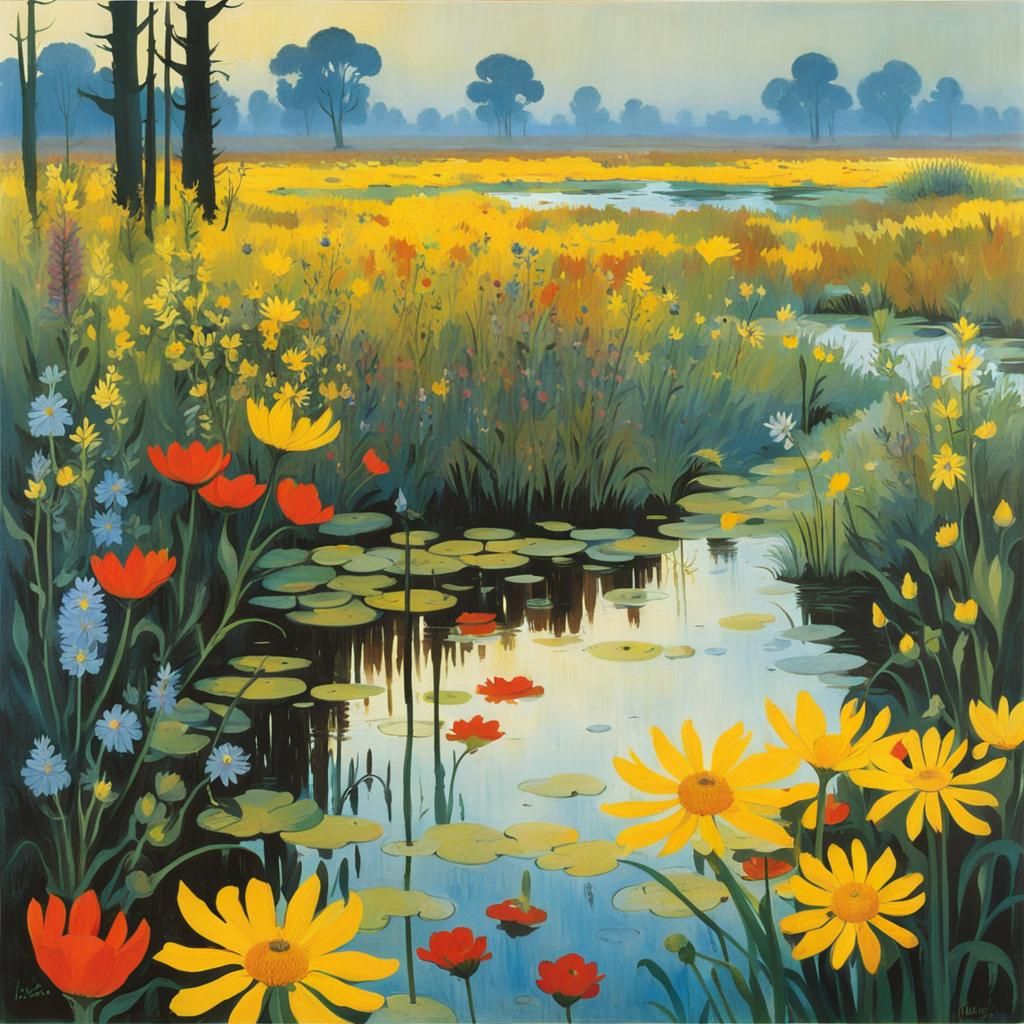 Misty Bog with Wildflowers: Silhouette and Impressionist Sty...