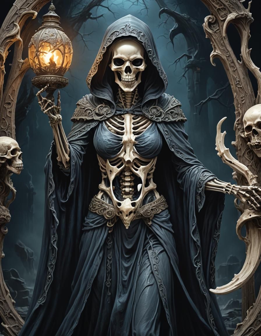 Female Grim Reaper with Bone Lantern in Dark Fantasy Style