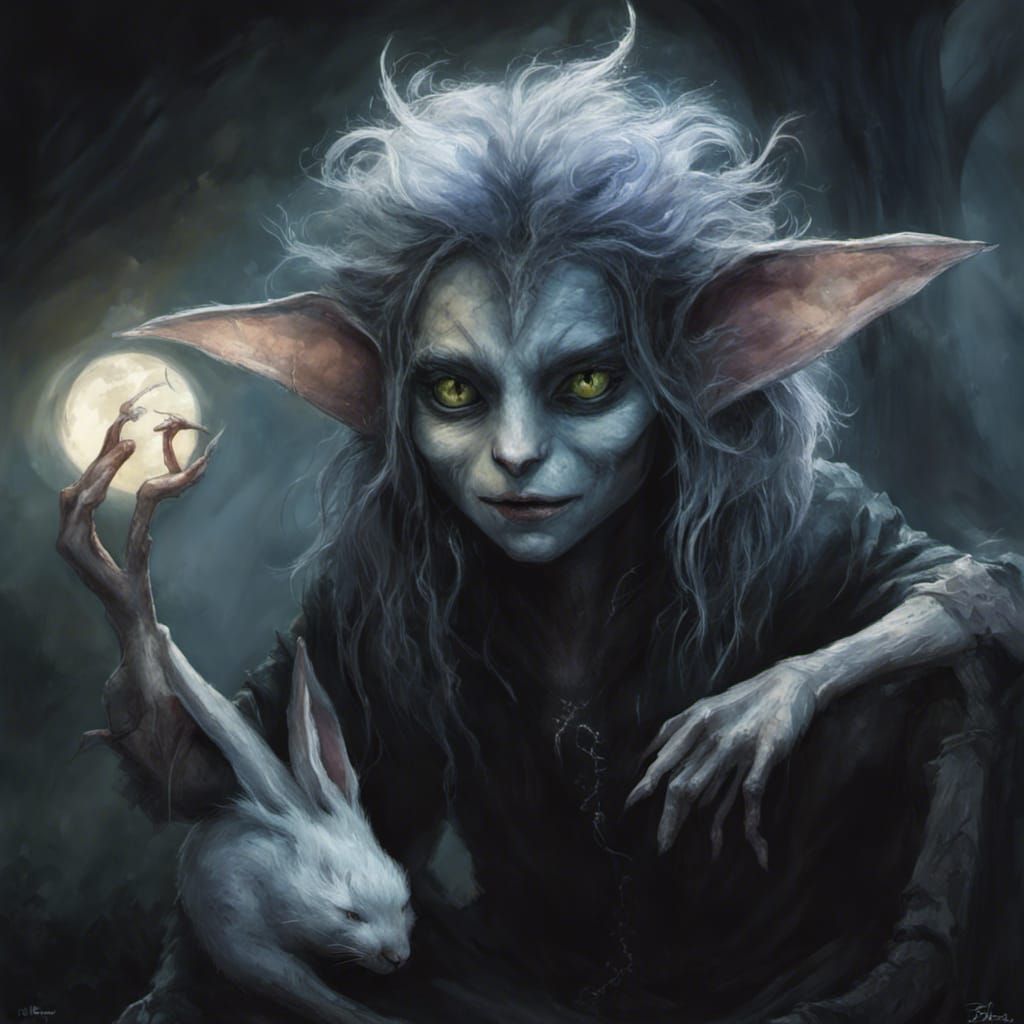 Dark fey creature of the dusk, cat like fairy rabbit fey creatures, shadow , protectors seen in shadows, Tim Burton ,...