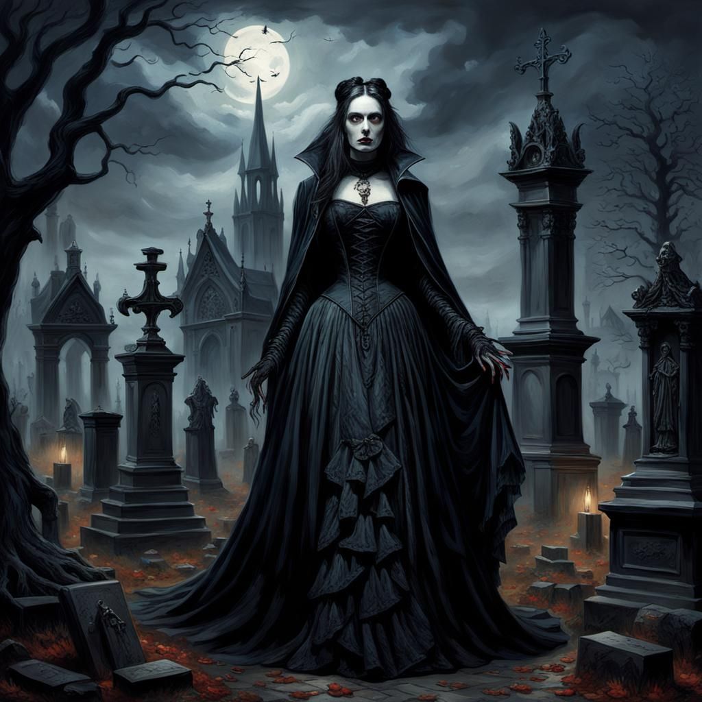 Gothic Vampire Portrait in Eerie Graveyard Scene