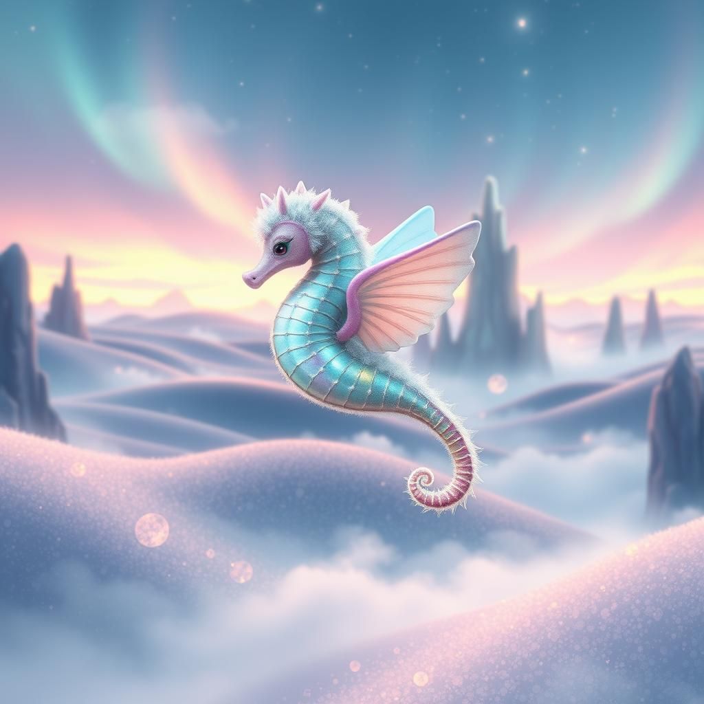 Iridescent Seahorse Flies Through Dreamy Landscape