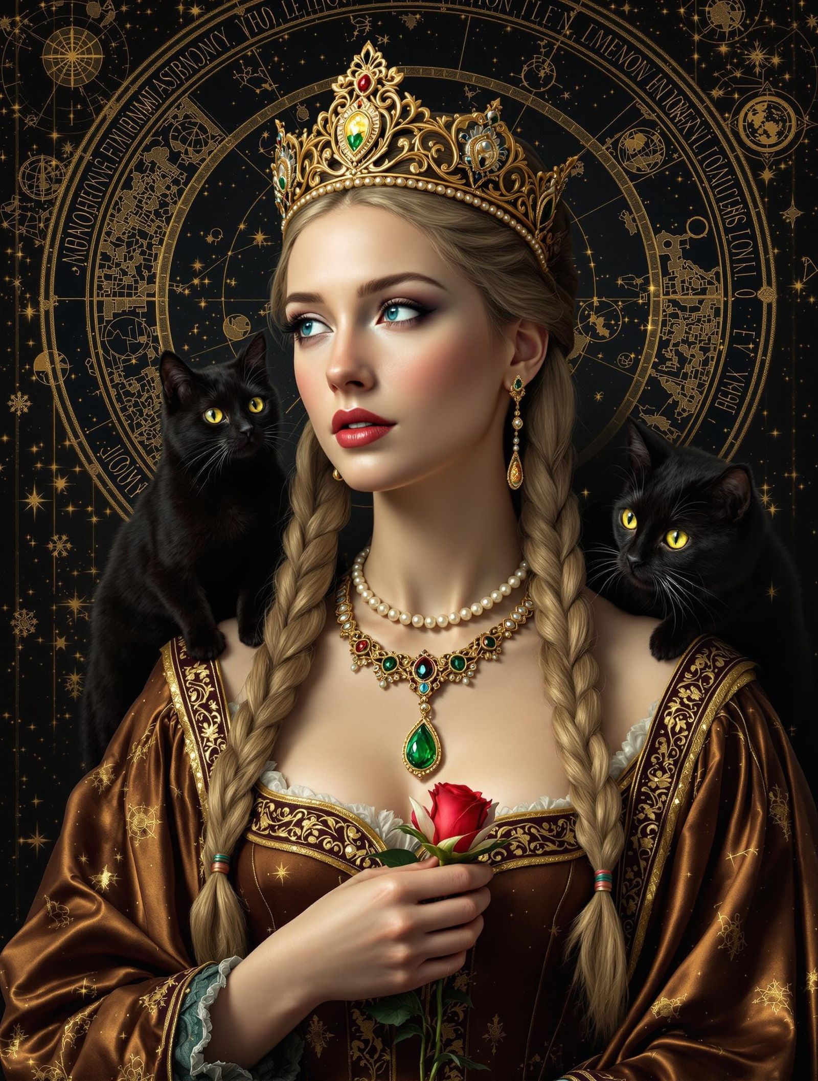 Medieval Queen in Gothic Velvet Regalia with Celestial Accen...