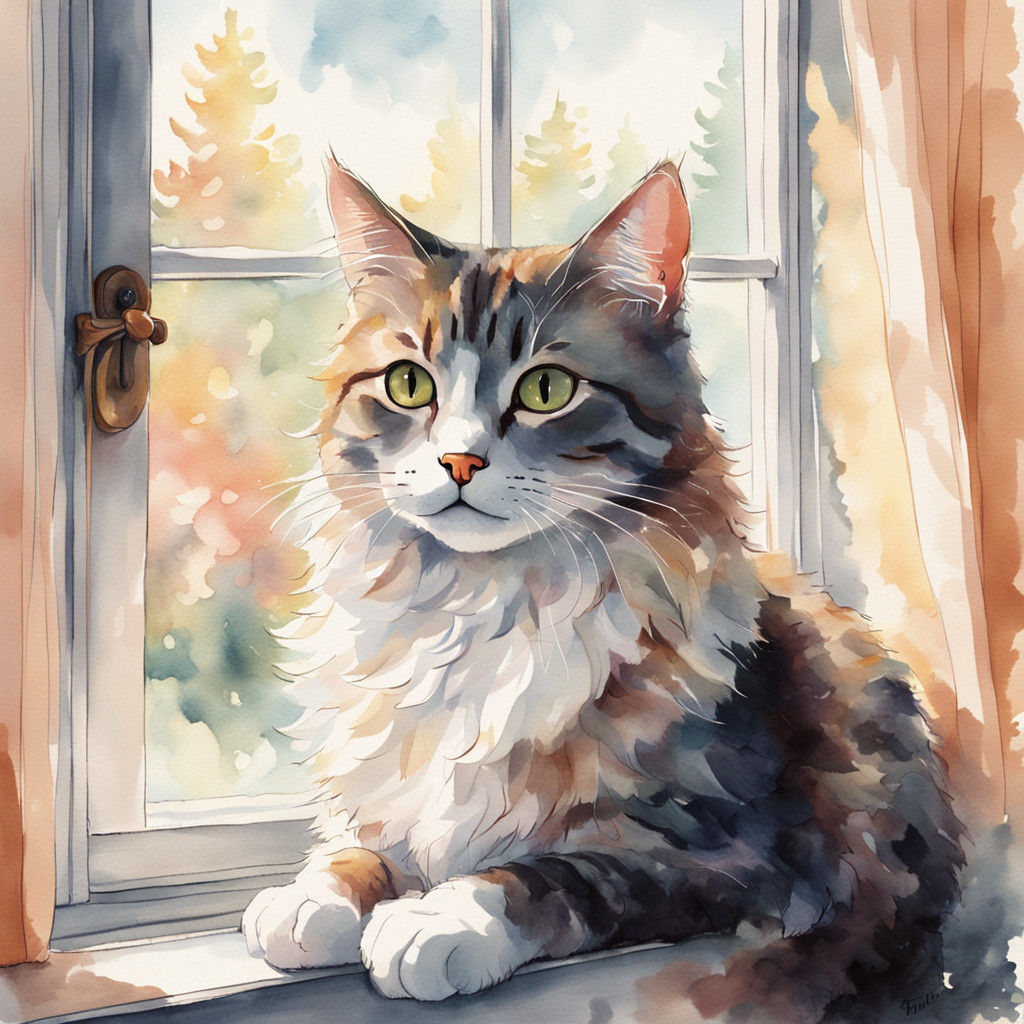 Whimsical Cat on a Windowsill in Dreamy Watercolor Style