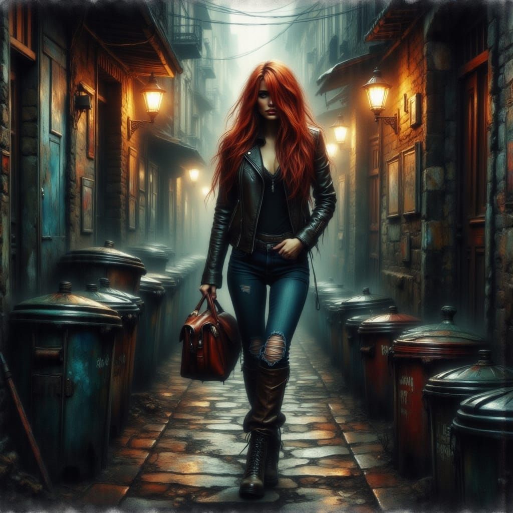 Beautiful Woman in Foggy Alleyway, Realistic Style