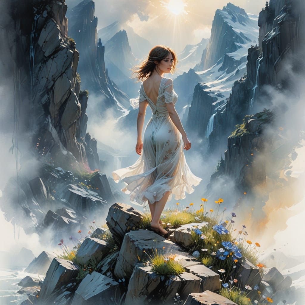 Spring Mountain Landscape in Watercolor Style