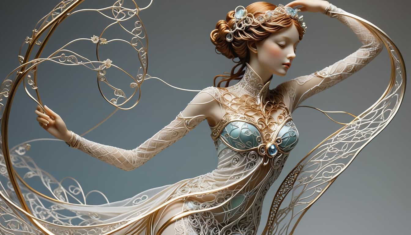 Ethereal Art Nouveau Sculpture in Intricate Wire Filigree