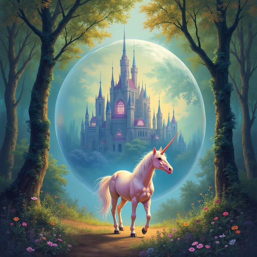 Enchanted Unicorn in a Vibrant, Pre-Raphaelite Forest Scene