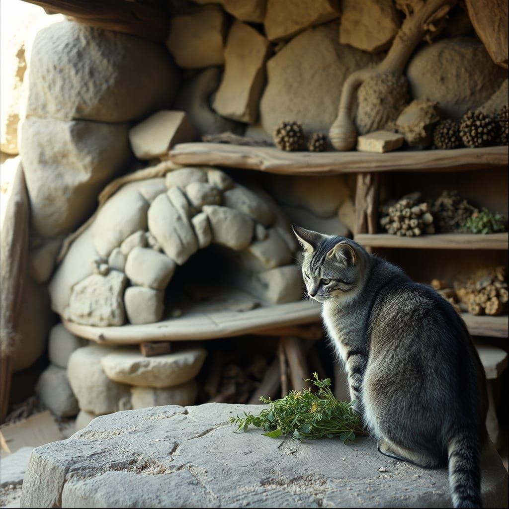 Hyperrealistic Cat Observes Neolithic Hut Interior