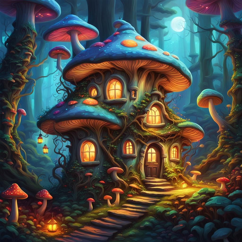 Whimsical Mushroom House in a Vibrant Forest