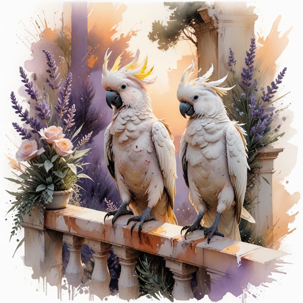 Cockatoo Romance: Watercolor Terrace Scene at Sunset