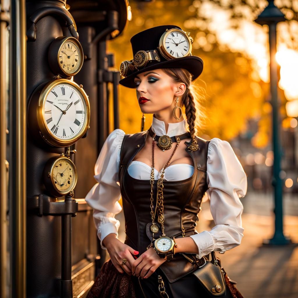 Steampunk Girl Waits at Bus Stop in Golden Light