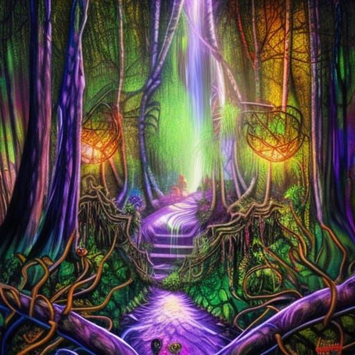 Enchanted Forest with Illuminated Waterfalls in Neon Colors