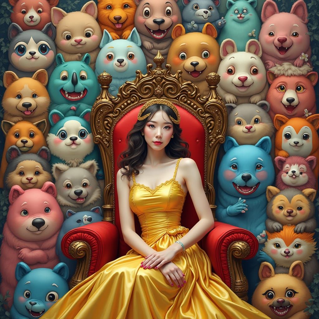 Queen on Animal Throne in Whimsical Style