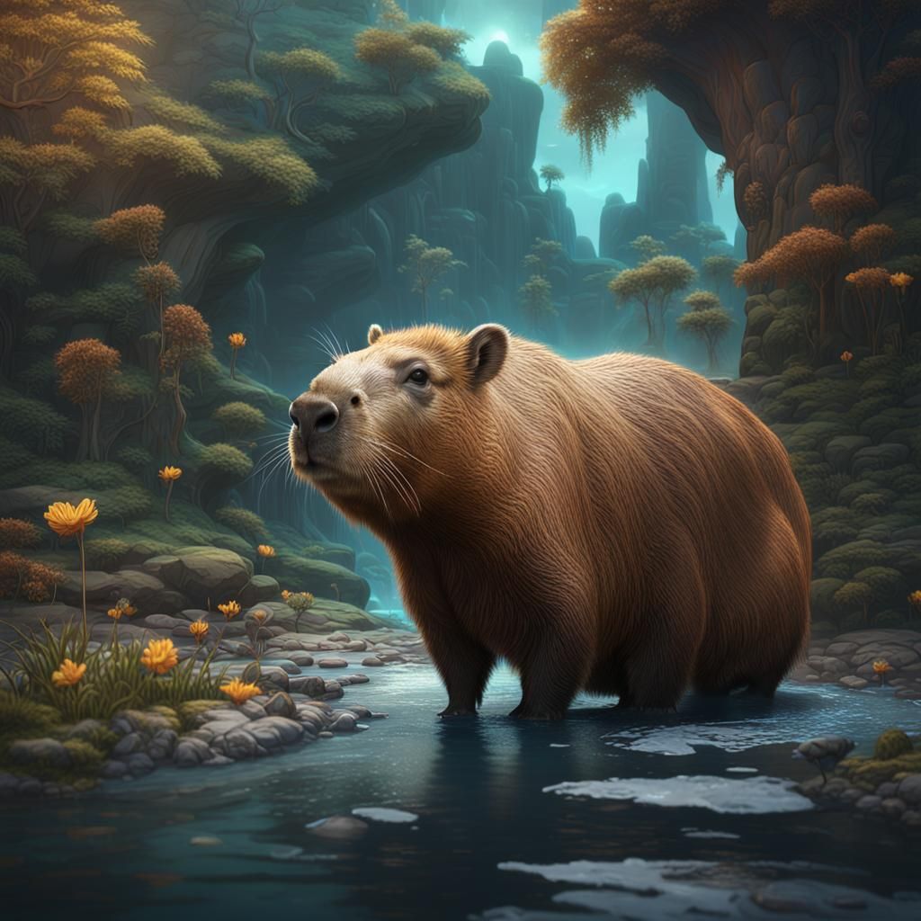 Fantastical Capybara Matte Painting in Deep Color