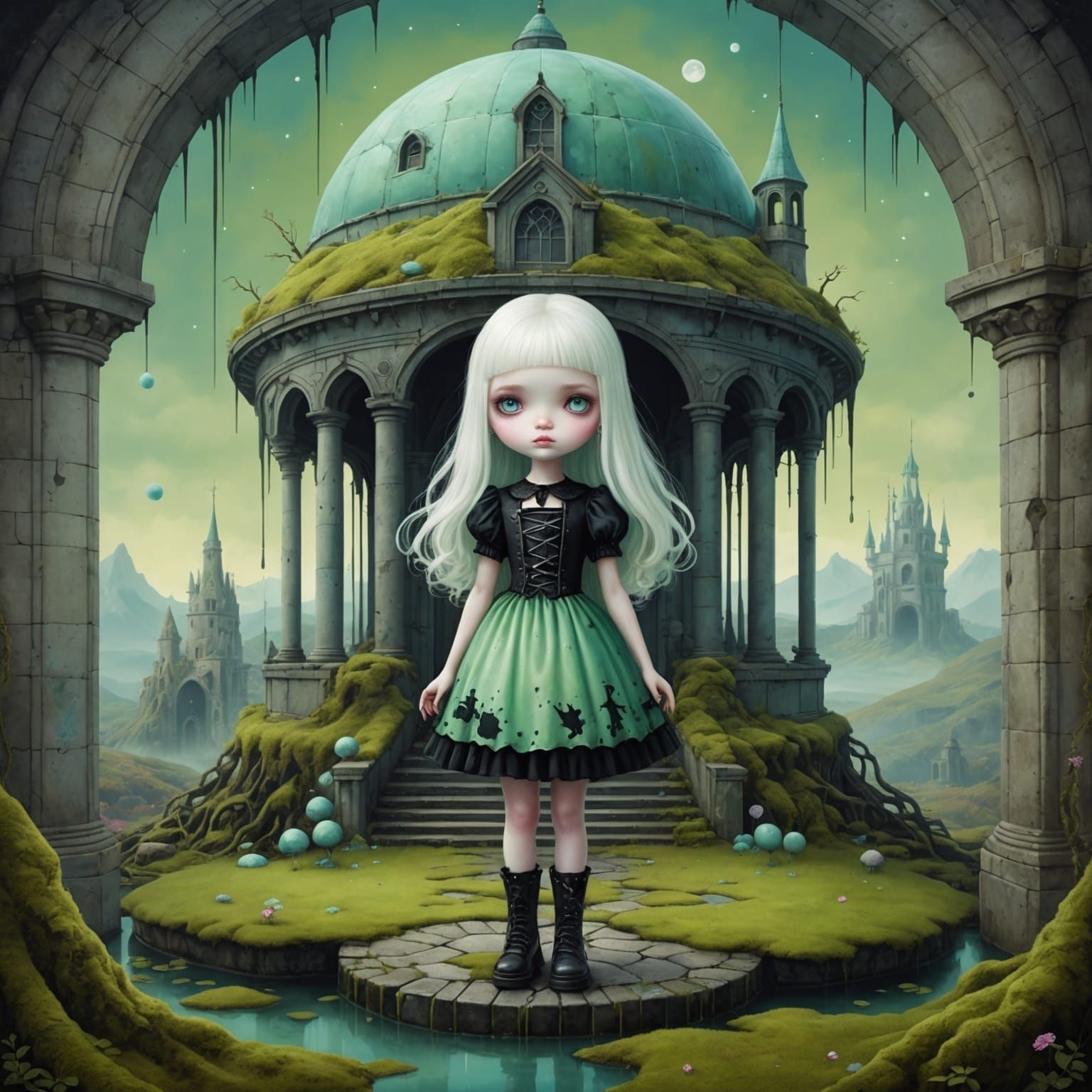 Pastel Goth Alien Girl in Surreal Observatory