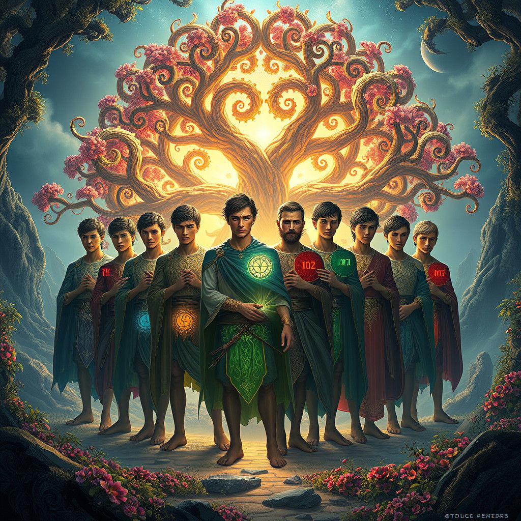 Brothers Embodying Months in Dreamlike Landscape