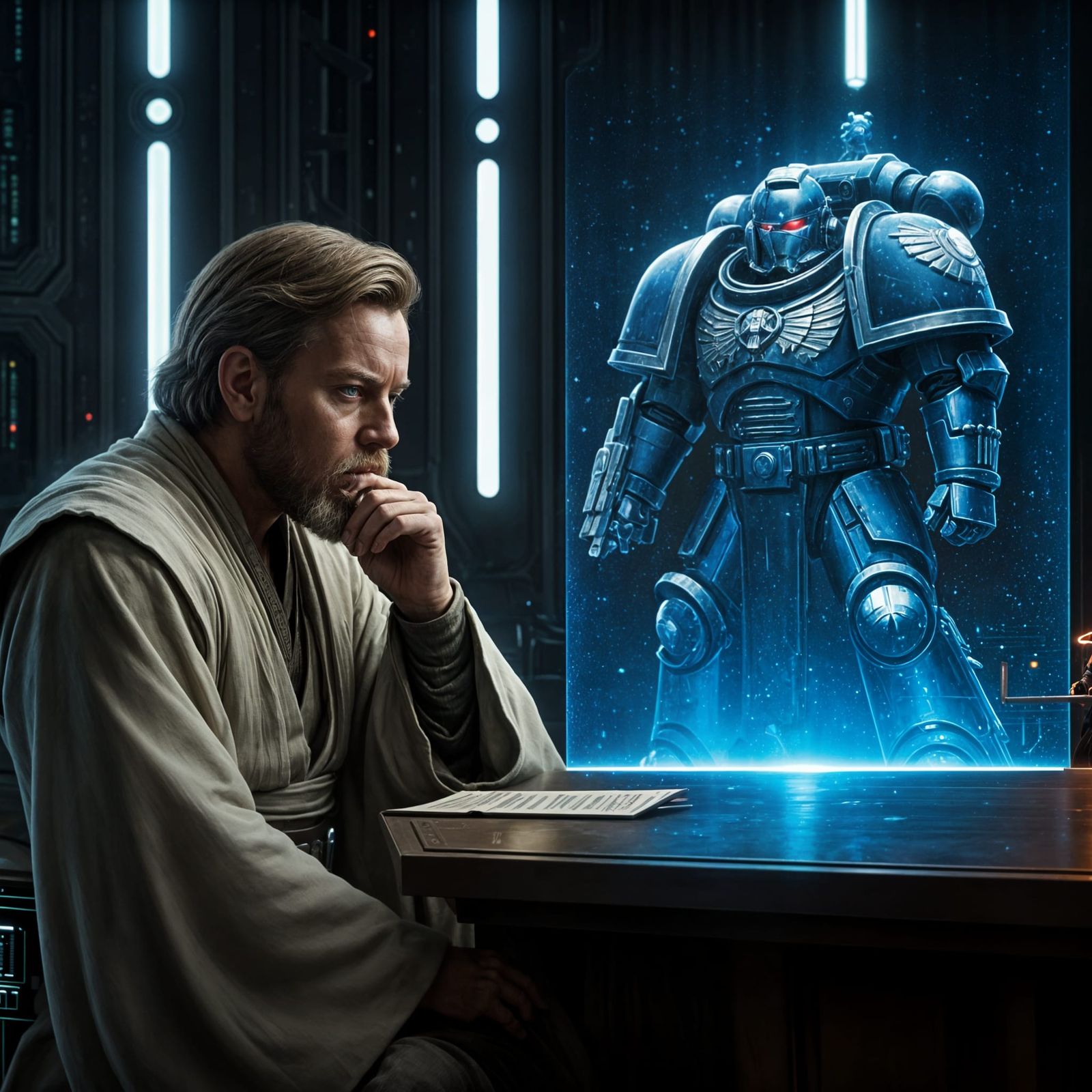 Obi-Wan Contemplates Space Marine Hologram in Jedi Temple