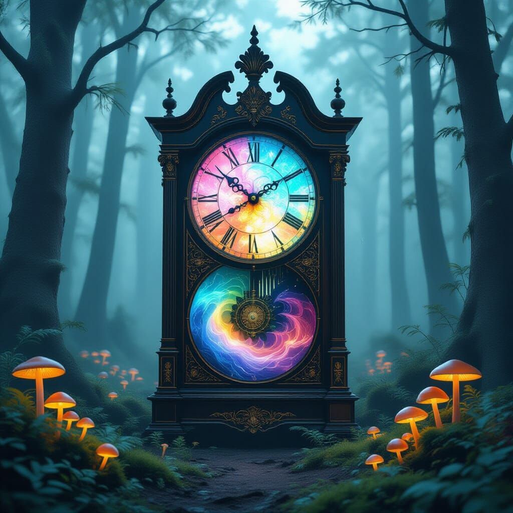 Surreal Clock with Cosmic Face in Misty Forest