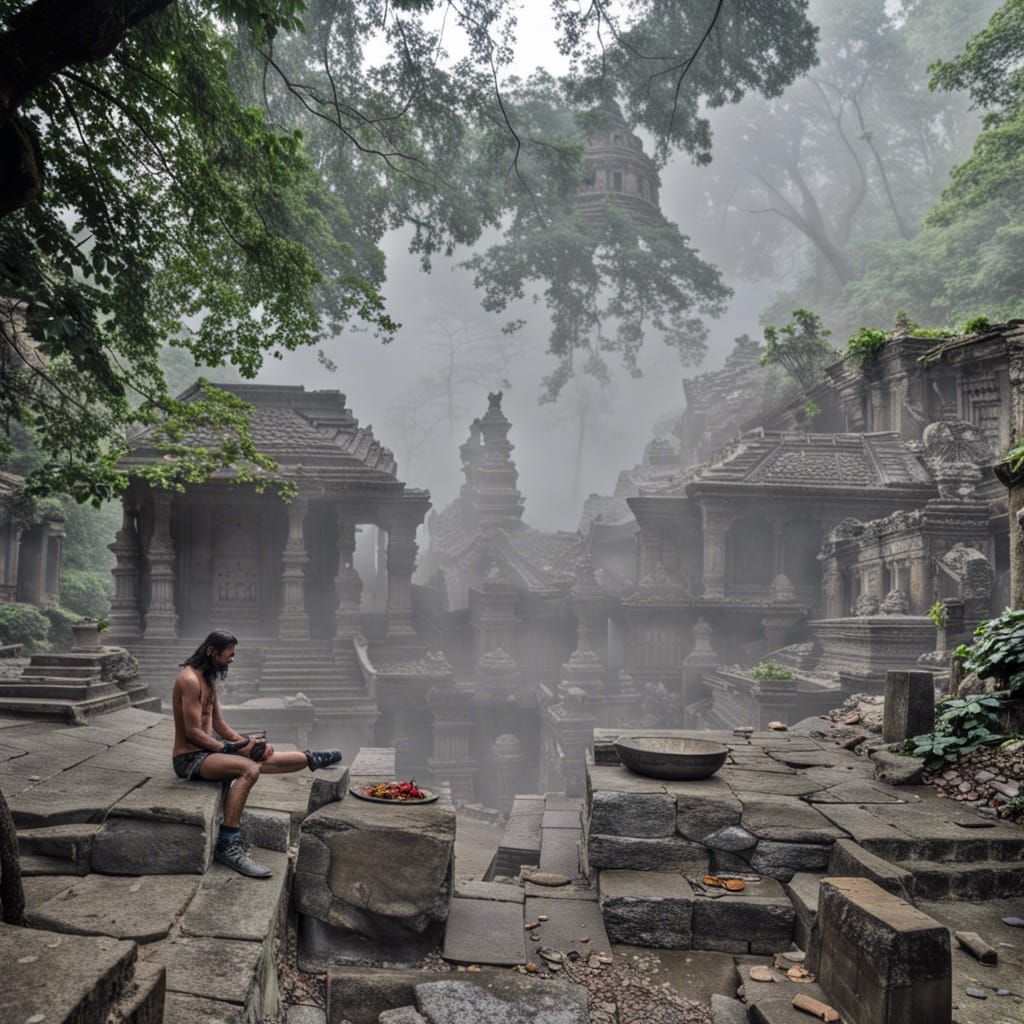 Mystical Sadhu in Jungle Temple Ruins