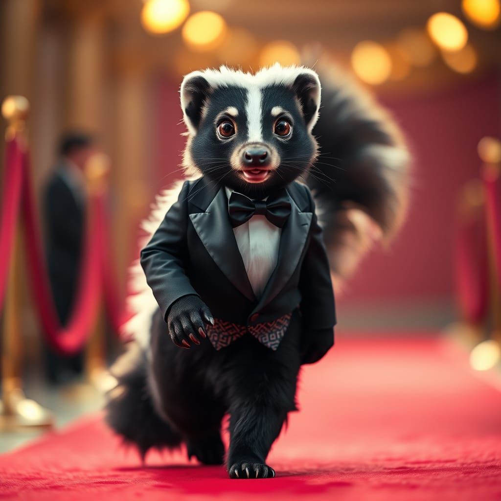 Majestic Skunk in Tuxedo Strides Down Crimson Carpet