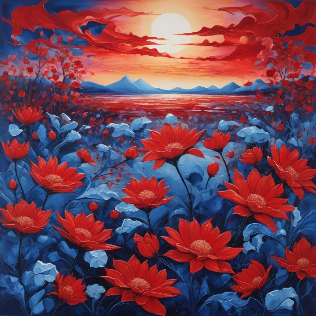 Surreal Floral Painting of a Frosty Red Sunset