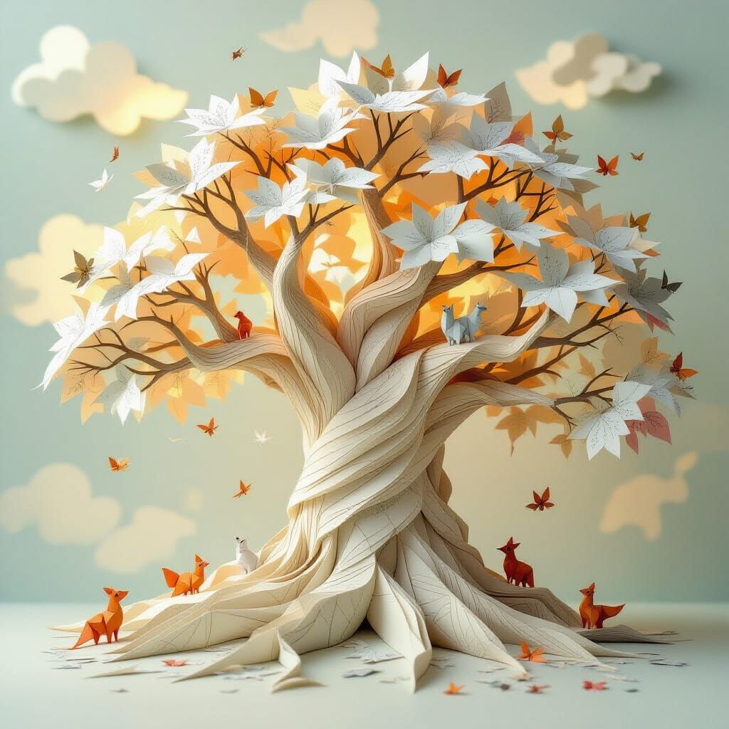 Ancient Parchment Tree with Origami Animals in Fantasy Style