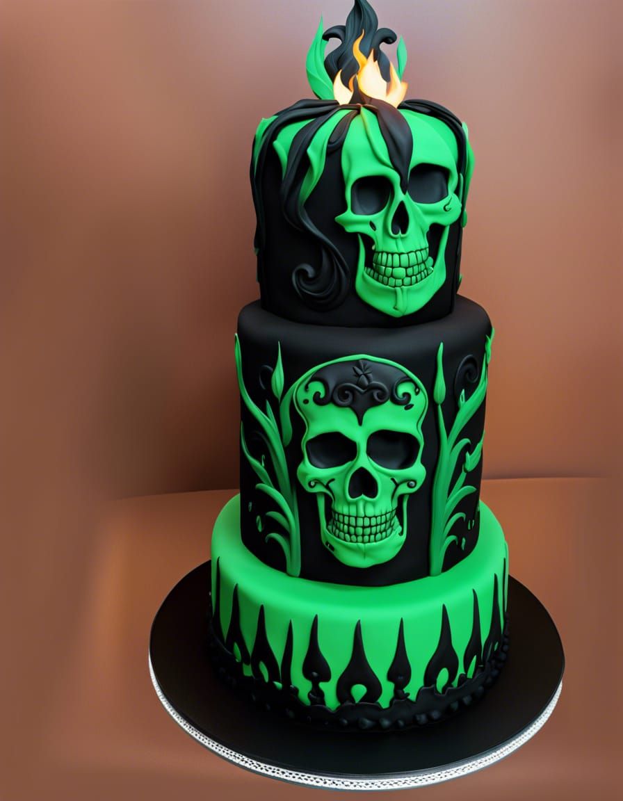 Green and Black Cake with Skull Decoration