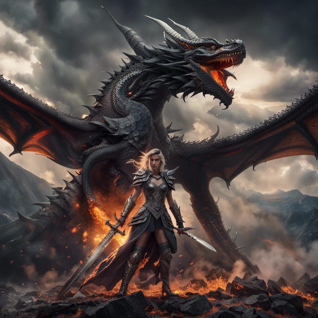 Warrior Woman Battles Dragon in Burned Mountains