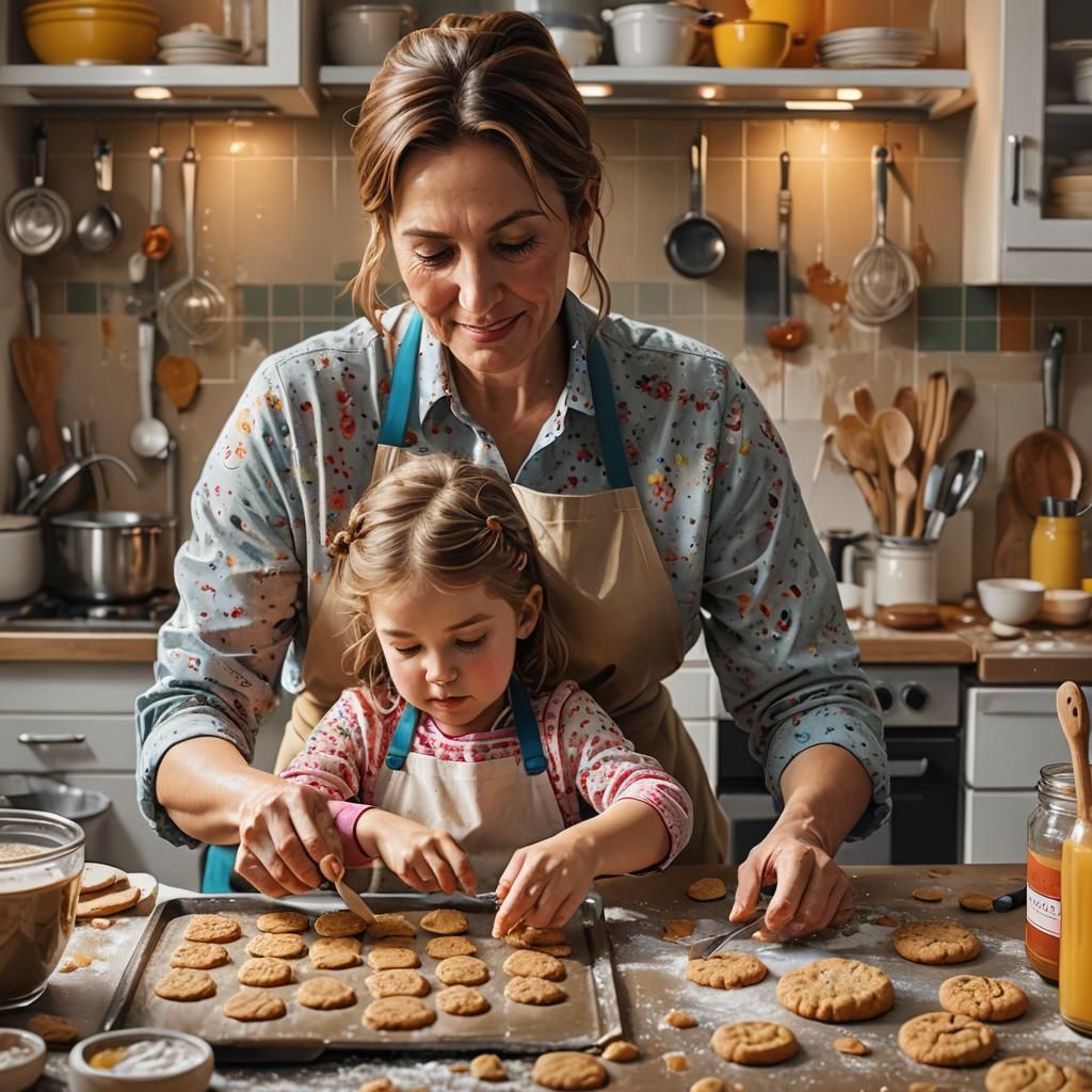 Hyperrealistic Mother and Daughter Baking Cookies