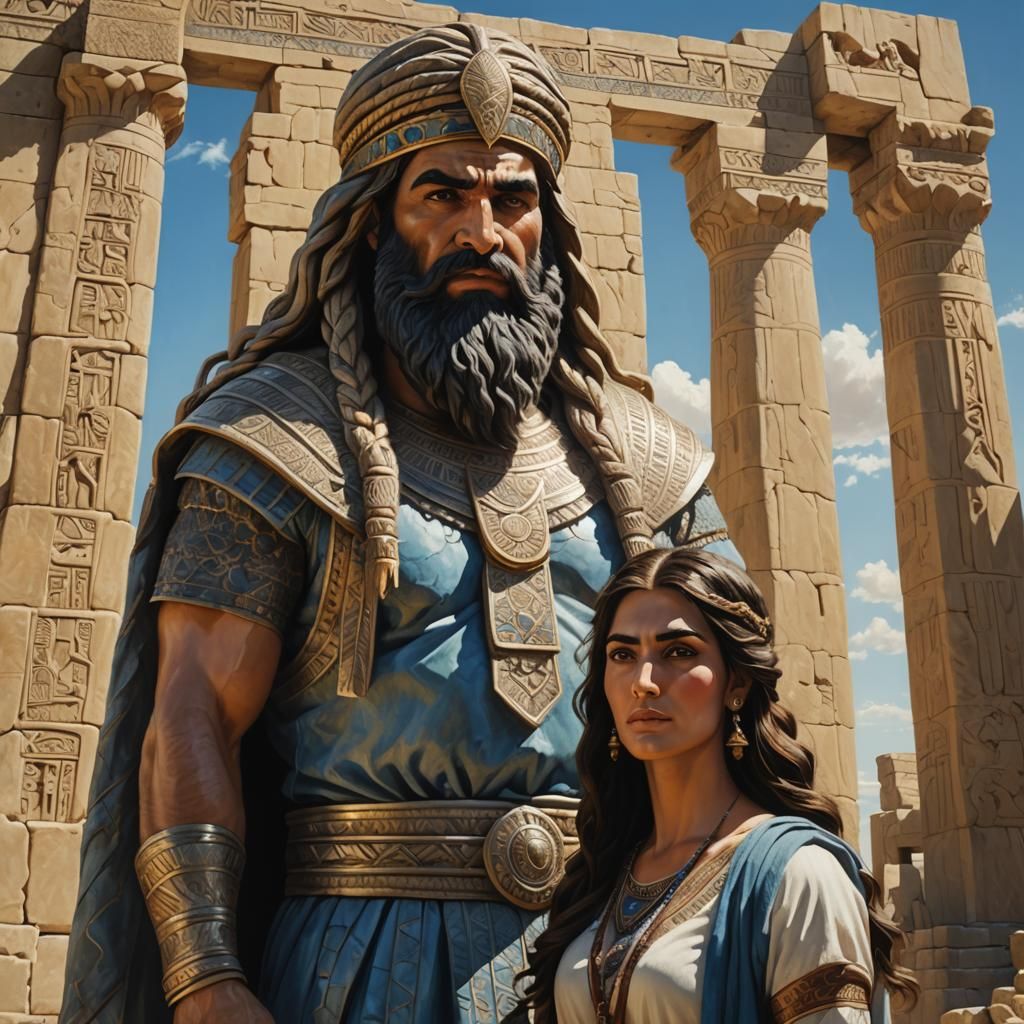 Towering Assyrian Giant with Arab Girl in Sunlight