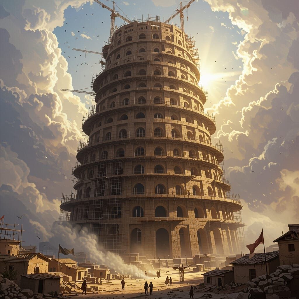 Epic Tower of Babel Construction Hyperrealistic Illustration