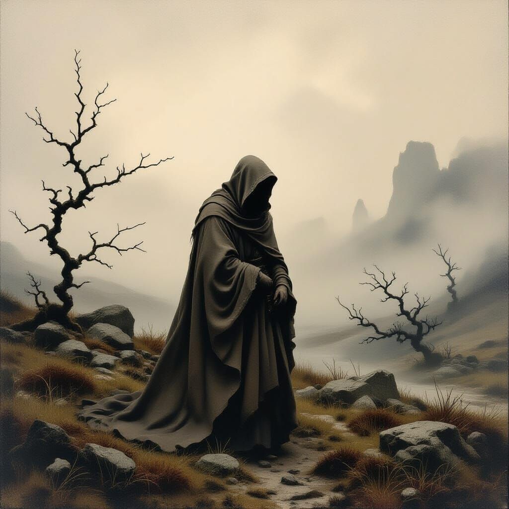 Mystical Figure in Mist, Atmospheric Landscape
