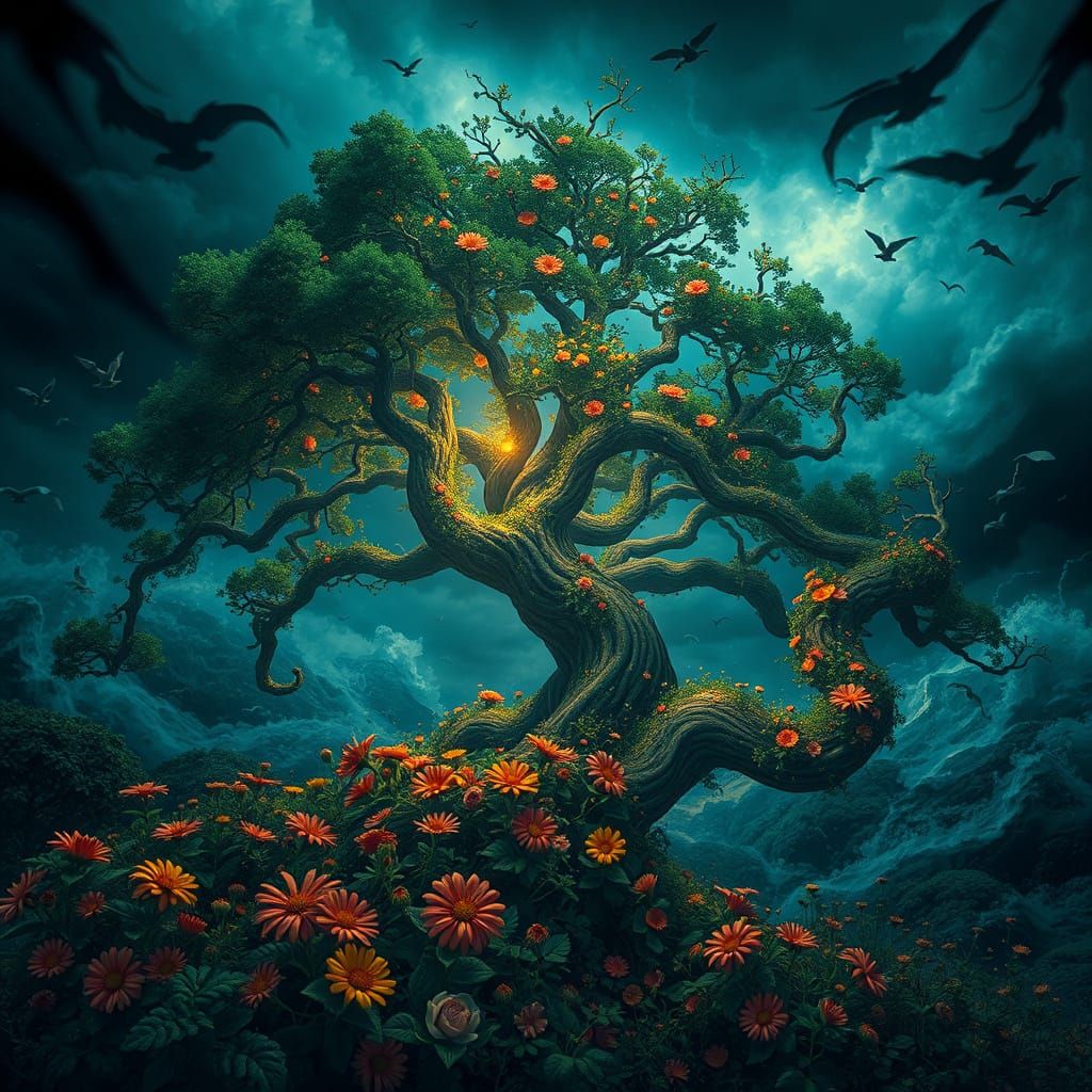 Trees and Flowers in Stormy Weather, Contrasting Colors