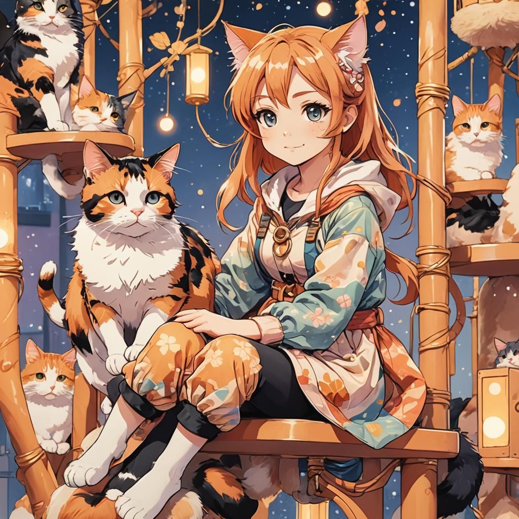Adorable Cat-Girl with Calico Cat in Anime Style