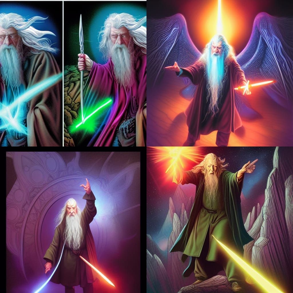 Gandalf Casting Spell with Neon Flares in Comic Style